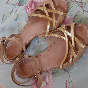 Tory Burch Gold and Tan Strappy Flats